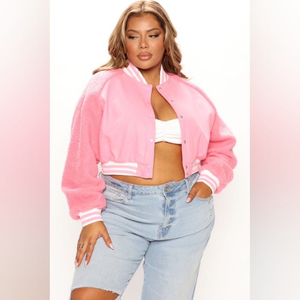 Pink Cropped Varsity Jacket - Women